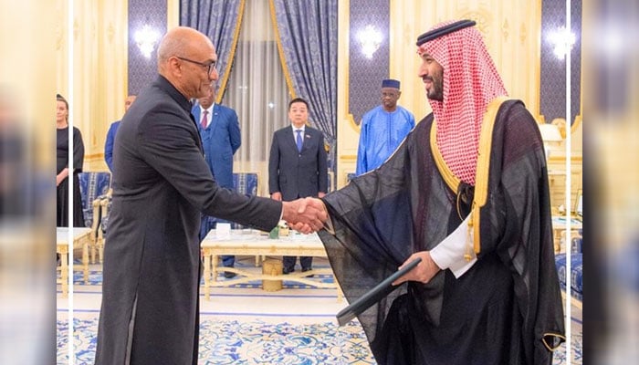 سعودی عرب میں پاکستانی سفیر احمد فاروق نے دوسرے ممالک کے سفیروں کے ساتھ سعودی ولی عہد شہزادہ محمد بن سلمان سے ملاقات کی اور اپنی اسناد سفارت پیش کی— فوٹو: پاکستانی سفارت خانہ ریاض