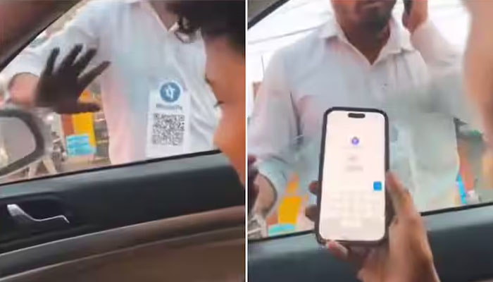 گاڑی کے ڈرائیور نے بھکاری سے بات چیت کرتے ہوئے بھکاری کا موبائل لیا اور کیو آر کوڈ کو اسکین کرتے ہوئے پیسوں کو آن لائن ٹرانسفر کردیا/ فوٹو بھارتی میڈیا