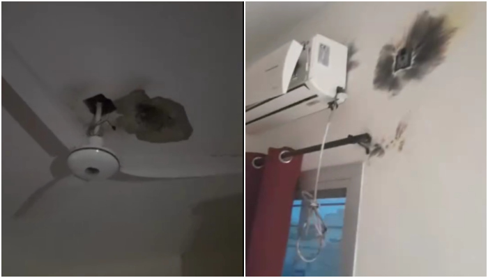 آسمانی بجلی گرنے سے گھر کی چھت اور بجلی کی تاروں کو نقصان پہنچا—فوٹو: اسکرین گریب