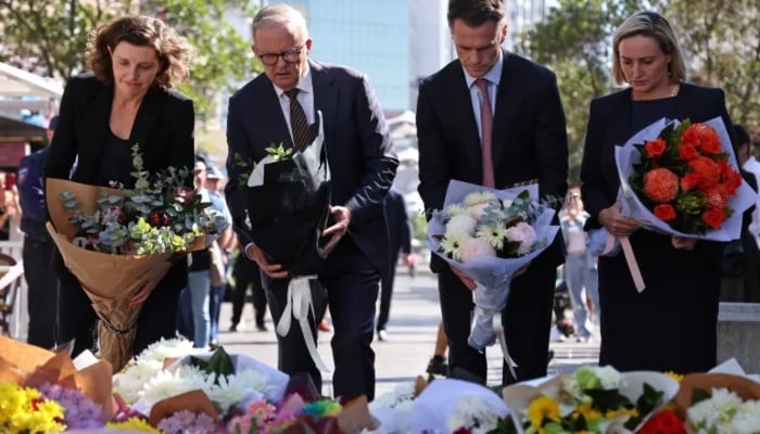 آسٹریلیا کے وزیراعطم سڈنی حملے میں ہلاک افراد کی یاد میں پھول رکھ رہے ہیں / اے ایف پی فوٹو