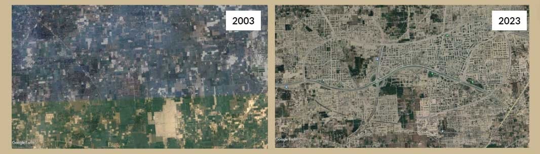 اربن یونٹ کے شیئر کردہ ڈیٹا کے مطابق بائیں جانب 2003 میں ملتان میں سیٹلائٹ سے لی گئی آموں کے باغات کی ایک تصویر اور دائیں جانب 2023 میں اسی اراضی کی تصویر جب ان باغات کو ہٹا کر ڈی ایچ اے، ملتان تعمیر کیا گیا