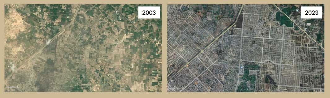 اربن یونٹ کے شیئر کردہ ڈیٹا کے مطابق بائیں طرف 2003 میں لاہور کے ایک حصے کی زرعی زمین کی سیٹلائٹ سے لی گئی تصویر،دائیں طرف اسی زرعی زمین کی 2023 میں لی گئی سیٹلائٹ تصویر جسےبعد میں ڈی ایچ اے فیز 6میں تبدیل کر دیا گیا