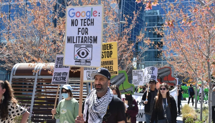 گوگل ملازمین اسرائیل سے معاہدے کیخلاف احتجاج کر رہے ہیں / فوٹو بشکریہ No Tech For Apartheid