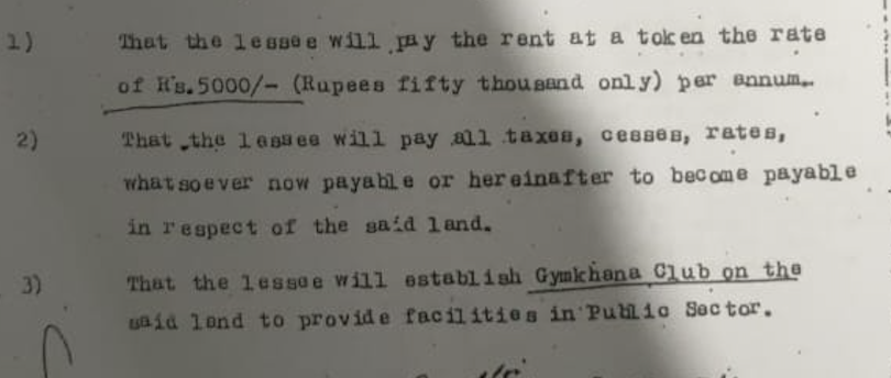 1996 میں لاہور جم خانہ اور پنجاب حکومت کے درمیان لیز معاہدہ کا ایک اسکرین شاٹ، جو 2050 تک موثر ہے۔