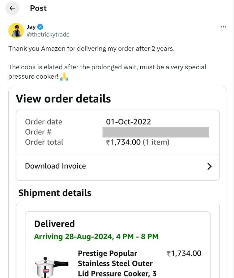 صارف کو منسوخ کردہ پریشر ککر کا آرڈر 2 سال بعد موصول، ٹوئٹ وائرل