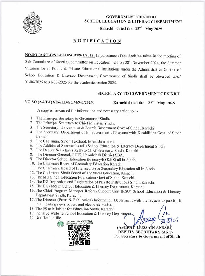 سندھ کے اسکولوں میں موسم گرما کی تعطیلات کا اعلان کردیا گیا