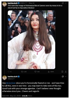 بھارتی صحافی برکھا دت نے سندور لگائی ایشوریا رائے کی تصویر کو آپریشن سندور سے جوڑ دیا