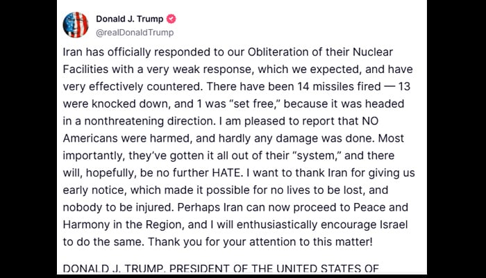 ایران کا شکریہ، اس نے قطر میں حملے کی پیشگی اطلاع دی، جس کی بدولت جانی نقصان نہیں ہوا: ٹرمپ