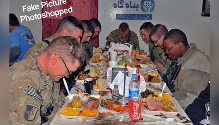 گزشتہ روز وائرل تصویر کے حوالے سے دعویٰ کیا گیا تھاکہ امریکی فوجی اسلام آباد کی پناہ گاہ میں موجود ہیں اور کھانا کھا رہے ہیں— فوٹو: فیصل جاوید خان