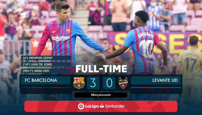 اسپینش فٹبال لیگ لالیگا میں بارسلونا نے لیوانٹےکو یکطرفہ مقابلے کے بعد 3 صفر سے شکست دے دی —فوٹو: لالیگا