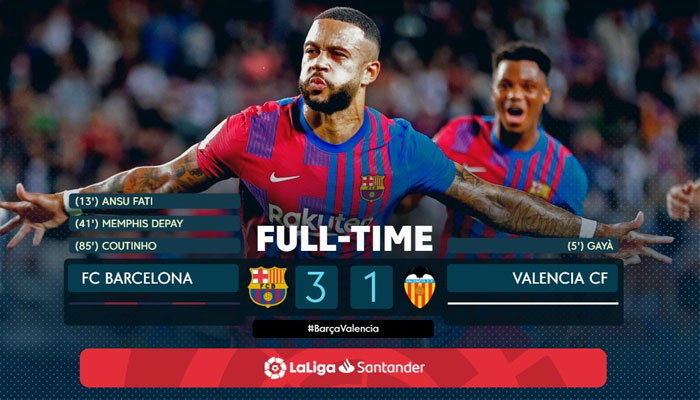 اسپینش فٹبال لیگ لالیگا میں بارسلونا نے ویلنشیا کو ایک کے مقابلے میں 3 گول سے شکست دے دی —فوٹو: ؛لالیگا