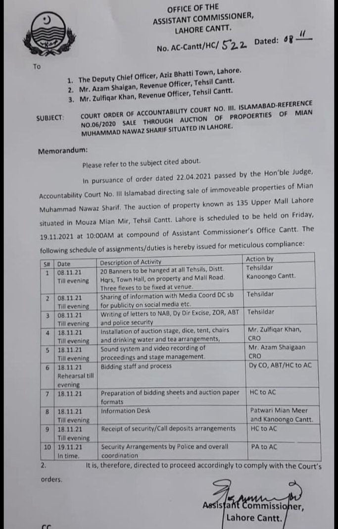 نیلامی کے لیےکینٹ ٹاؤن ہال سمیت دیگر مقامات پر اشتہار بھی آویزاں کیے جائیں گے۔