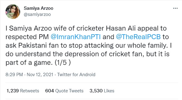 حسن علی کی اہلیہ کے جعلی اکاؤنٹ سے کی گئی ٹوئٹس کا عکس