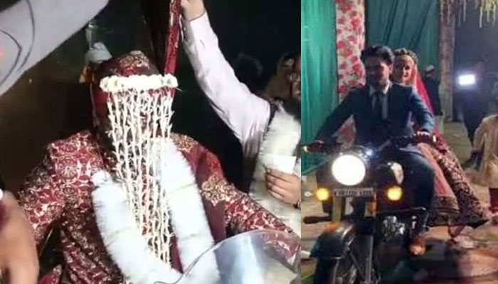 دلہے شاہزیب کی موٹر سائیکل پر تصاویر وائرل ہو رہی ہیں۔ فوٹو: سوشل میڈیا