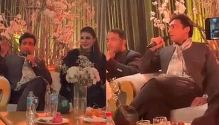 ویڈیو میں مریم نواز کو بھی حمزہ شہباز کے ساتھ بیٹھے دیکھا جا سکتا ہے۔ فوٹو: اسکرین گریب