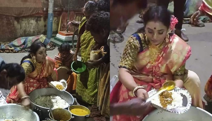 زیوات سے سجی سنوری خاتون شادی کی تقریب میں بچ جانے والا کھانا ضائع ہونے سے بچانے کے لیے کلکتہ کے ریلوے اسٹیشن پہنچ گئی۔ فوٹو: انڈین میڈیا