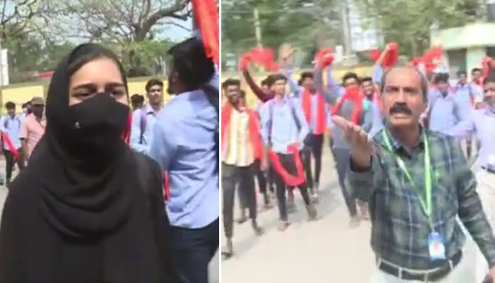 بھارتی ریاست کرناٹک میں زعفرانی رنگ کے مفلر پہنے انتہا پسندوں کا ڈٹ کر مقابلہ کرنے بعد مسلمان طالبہ مسکان ٹوئٹر پر ٹرینڈ کررہی ہیں: فوٹو سوشل میڈیا