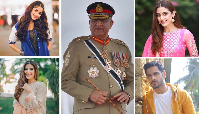 یومِ پاکستان پریڈ میں آرمی چیف جنرل قمر جاوید باجوہ نے پاکستان کے نامور اداکاروں سے ملاقات کی__فوٹو: فائل