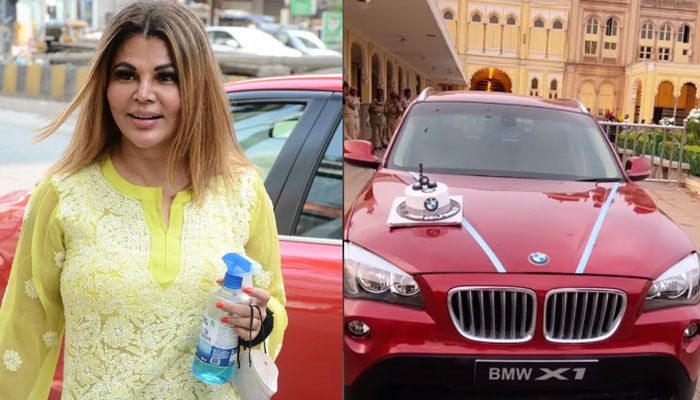 راکھی ساونت کے دوست راج اور شیلے نے اداکارہ کو ایک چمچماتی لال رنگ کی BMW کار تحفے میں دے دی—فوٹو: بھارتی میڈیا