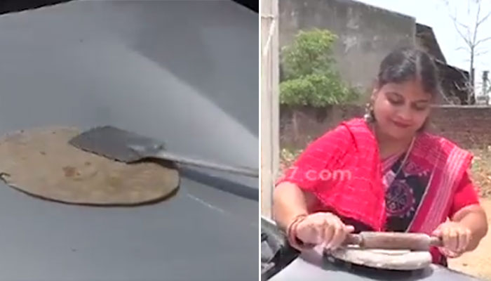 ان ہی دنوں سوشل میڈیا پر آگ برساتے سورج کے باعث بھارتی خاتون کی کار کے تپتے بونٹ پر روٹی پکانے کی ویڈیو وائرل ہورہی ہے /ویڈیو اسکرین گریب