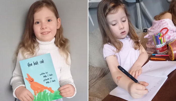 بیلا کو پوری کہانی لکھنے میں تقریباً 5 دن کا وقت لگا جبکہ کتاب میں بنی ہوئی تمام تصاویر بھی اس نے خود بنائیں۔—فوٹو: گنیز ولڈ ریکارڈز