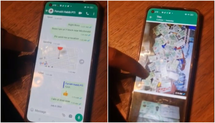 مبینہ واٹس ایپ چیٹ میں ملزم نے ووٹرز کے شناختی کارڈز کی تصاویر بھی پی ٹی آئی امیدوار نواز اعوان کو واٹس ایپ کیں،فوٹو: سوشل میڈٰیا