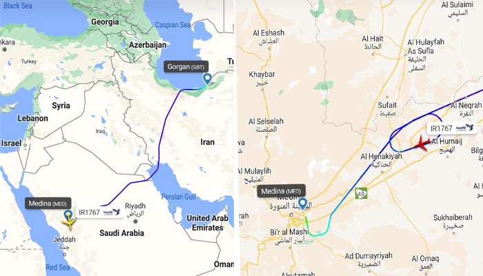پائلٹ نے طیارہ واپس مدینہ انٹرنیشنل ایئر پورٹ پر لینڈ کر انے کے بجائے فضا میں ایک طویل چکر کاٹ کر  گورگان ایران کی طرف موڑ لیا: ایوی ایشن ذرائع/ فوٹو: فلائیٹ ریڈار