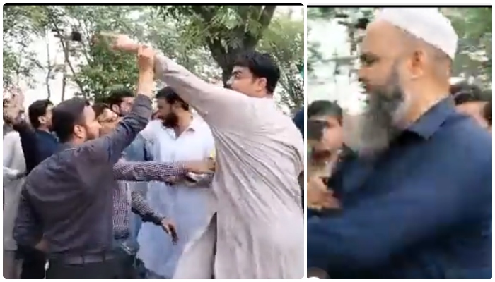 پی ٹی آئی کارکنوں نے کیمرہ مین حضرات سے دھکم پیل کی اورنا زیبا زبان استعمال کی— فوٹو: اسکرین گریب