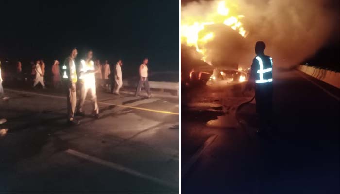 جلتی ہوئی گاڑیوں سے بیشتر مسافروں کو زندہ نکالا گیا اور انہیں فوری طور پر قریبی اسپتالوں میں منتقل کیا گیا: ترجمان موٹروے__فوٹو: جیو نیوز