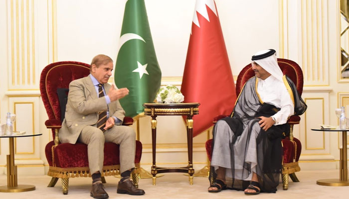 وزیر اعظم شہباز شریف نے قطر کے ہم منصب سے ملاقات کی—فوٹو: مریم نواز ٹوئٹر