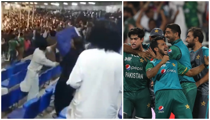 ویڈیوز میں افغان شائقین کو پاکستانی مداحوں کو کرسیوں سے حملہ کرتے ہوئے دیکھا جا سکتا ہے— فوٹو:اسکرین گریب/اے ایف پی