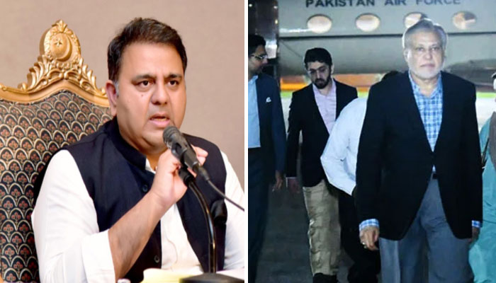 گزشتہ روزہی وزیراعظم شہباز شریف کے ہمراہ 5 سال سے خود ساختہ جلا وطن لیگی رہنما و سابق وزیر خزانہ اسحاق ڈار وطن واپس پہنچے ہیں/فوٹوبشکریہ سوشل میڈیا
