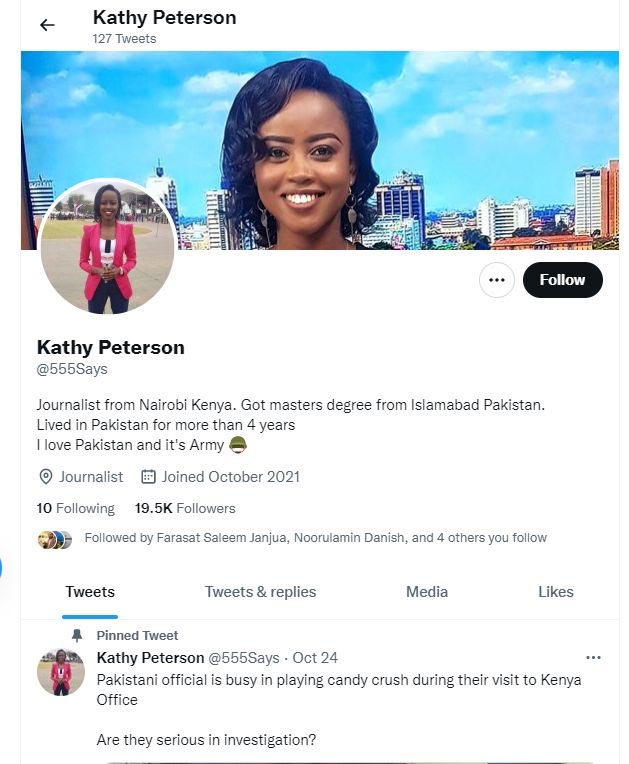 جیوفیکٹ چیک: یہ ٹوئٹر اکاؤنٹ کینیا کی کسی صحافی کا نہیں ہے