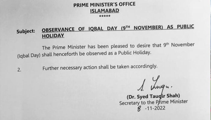 وفاقی حکومت  نے کل اقبال ڈے پر عام تعطیل کا اعلان کردیا
