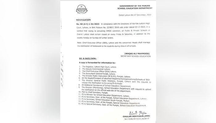 لاہور: اسموگ کے باعث اسکولوں میں ہفتے میں 3 چھٹیوں کا اعلان