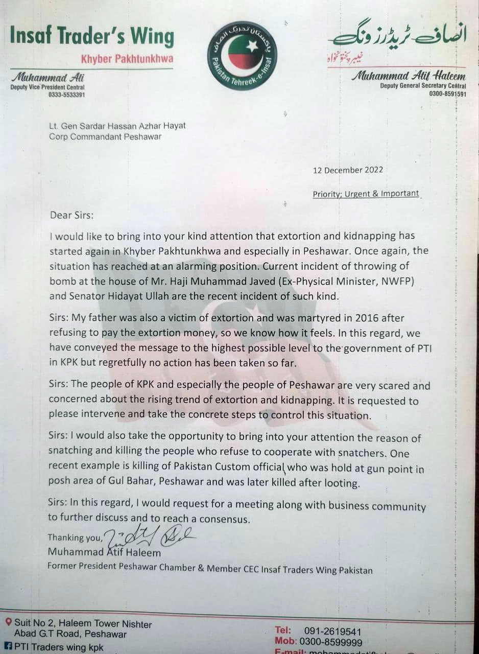 کے پی حکومت بھتہ خوری قابو کرنے میں ناکام، پشاور کے تاجروں نے عمران خان اور کور کمانڈر کو خط لکھ دیا