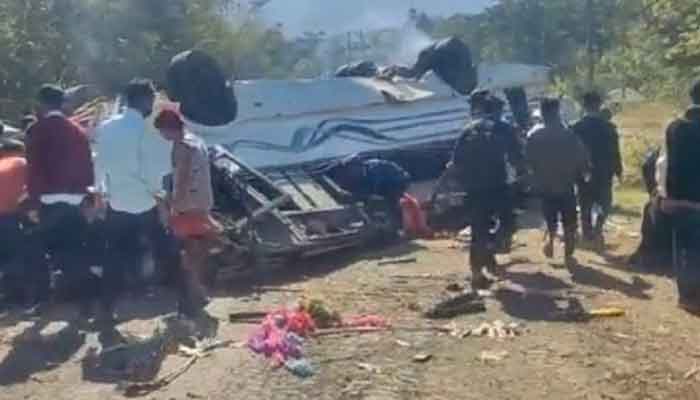 Two school buses carrying girls on an annual tourist trip met with an accident in Manipur's Noni district: Indian media.  Photo social media