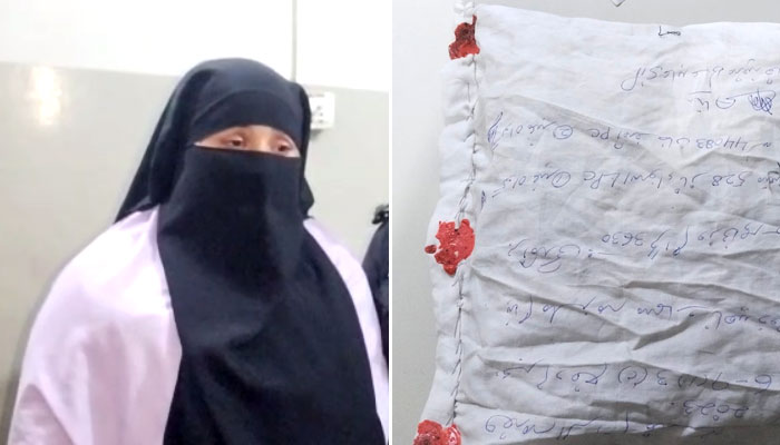کراچی ایسٹ کی ٹیپو سلطان پولیس نے ایک کارروائی کے دوران برقع پوش خاتون کو گرفتار کرکے ساڑھے تین کلو گرام سے زائد منشیات برآمد کرلی— فوٹو: جیو نیوز