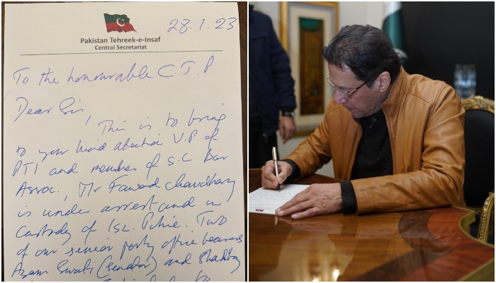 عمران خان نے خط میں دوران حراست فواد چوہدری کے آئینی حقوق کے تحفظ کی اپیل کی— فوٹو: پی ٹی آئی