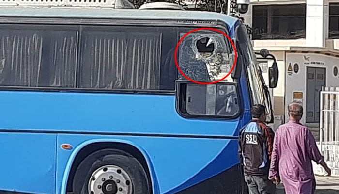 The glass of SSU's monitoring bus was broken by the ball, after which the bus was moved away from the practice area - Photo: Geo News