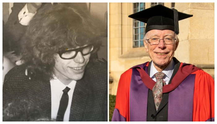 76 سالہ ڈاکٹر نک ایکسٹن جن کا تعلق سومرسیٹ سے ہے، انہوں نے 1970 میں پی ایچ ڈی میں داخلہ لیا تھا جنہیں یہ ڈگری مکمل کرنے میں 50 سال لگ گئے/ فوٹو برطانوی میڈیا