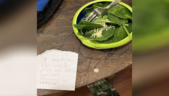 The foreign woman shared a picture of a bowl full of spinach leaves and a note written by her son on Twitter / Photo Social Media