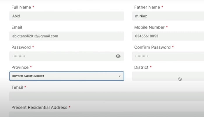 رجسٹریشن فارم ایسا ہوگا / اسکرین شاٹ