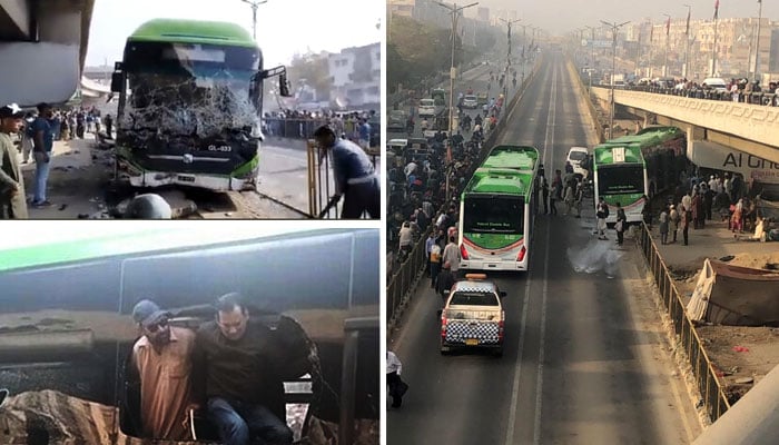 حادثے میں ڈرائیور اور خواتین سمیت متعدد افراد زخمی ہوئے جبکہ گرین لائن بس کا اگلا حصہ مکمل تباہ ہوگیا— فوٹو: سوشل میڈیا