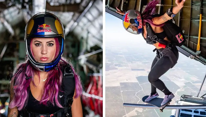 خاتون نے 9 ہزار 22 فٹ کی بلندی سے جہاز سے اسکیٹنگ کرتے ہوئے چھلانگ لگائی/ فوٹو گنیز ورلڈ ریکارڈز