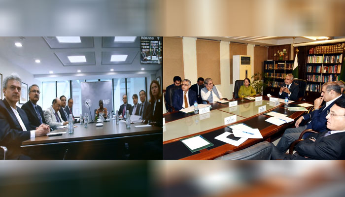 وزیر خزانہ اسحاق ڈار نے آئی ایم ایف سے ورچوئل میٹنگ میں گفتگو کرتے ہوئے کہا کہ پاکستان  آئی ایم ایف کے ساتھ نویں جائزے کے بعد اسٹاف لیول معاہدے کا خواہشمند ہے— فوٹو: وزارت خزانہ