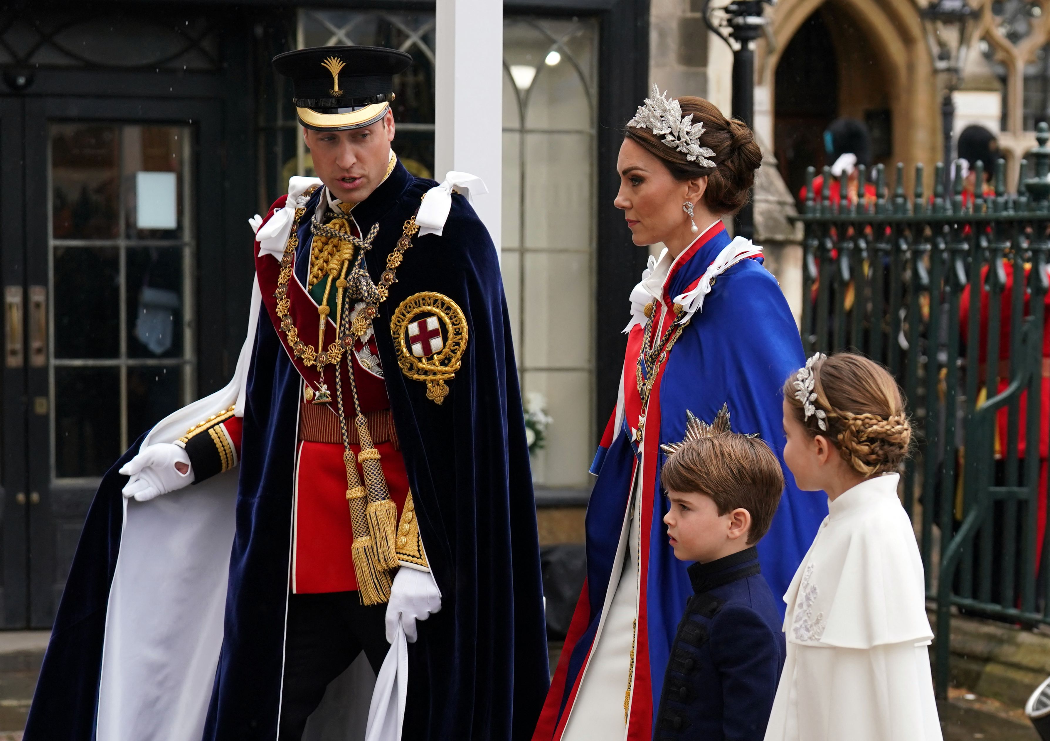 King Charles' eldest son Prince William (who will succeed Charles) along with his wife Kate Middleton, daughter Princess Charley and son Prince Louis are arriving for the coronation ceremony.