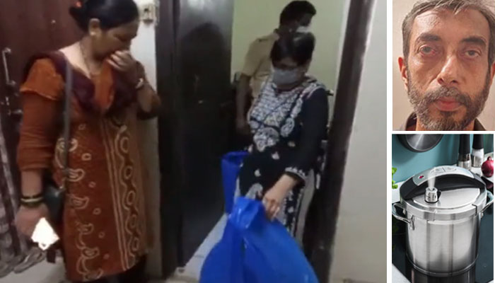 ملزم نے ان کو ٹھکانے لگانے کیلئے نیلے رنگ کے پلاسٹک بیگ میں بھرلیا تھا جسے پولیس نے اب اپنی تحویل میں لے لیا ہے: بھارتی میڈیا/ اسکرین گریب