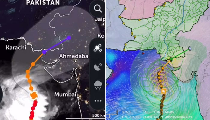 سمندری طوفان گزشتہ 12 گھنٹوں سے شمال کی جانب بڑھ رہا ہے جو کراچی کے جنوب سے 600کلو میٹر اور ٹھٹھہ کے جنوب سے 580 کلومیٹر دور ہے— فوٹو: این ڈی ایم اے