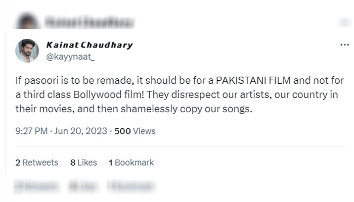 بالی وڈ ہمارے فنکاروں کو عزت نہیں دیتا اور پھر بے شرمی کے ساتھ ہمارے گانے کاپی کرتا ہے: سوشل میڈیا صارف — فوٹو: اسکرین گریب